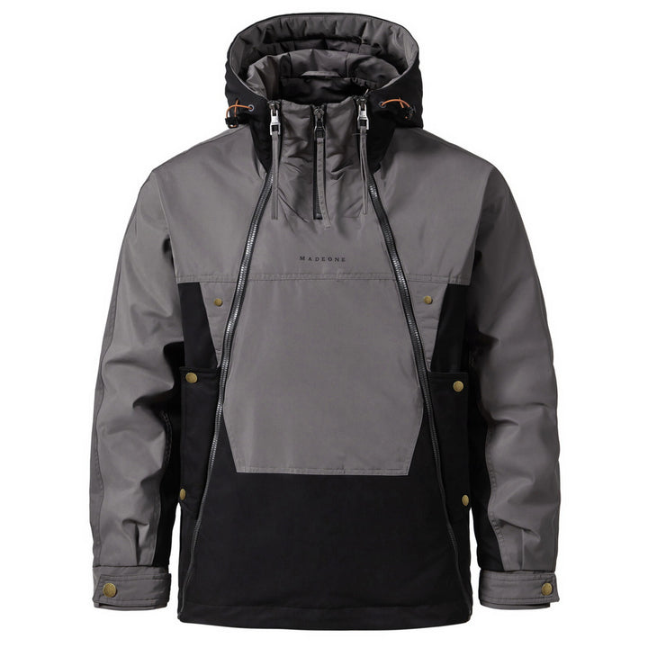 Padded men's hooded jacket with double zipper