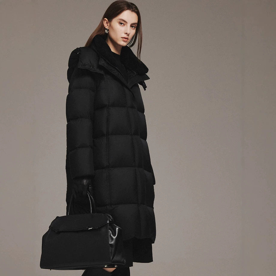Women’s down coat, mid-length, with lamb fur collar