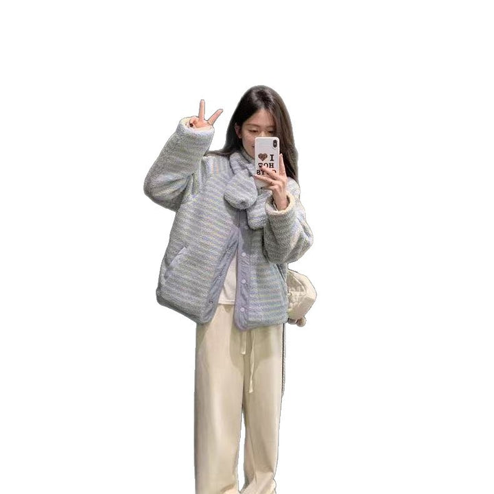 Reversible striped plush jacket, loose fit