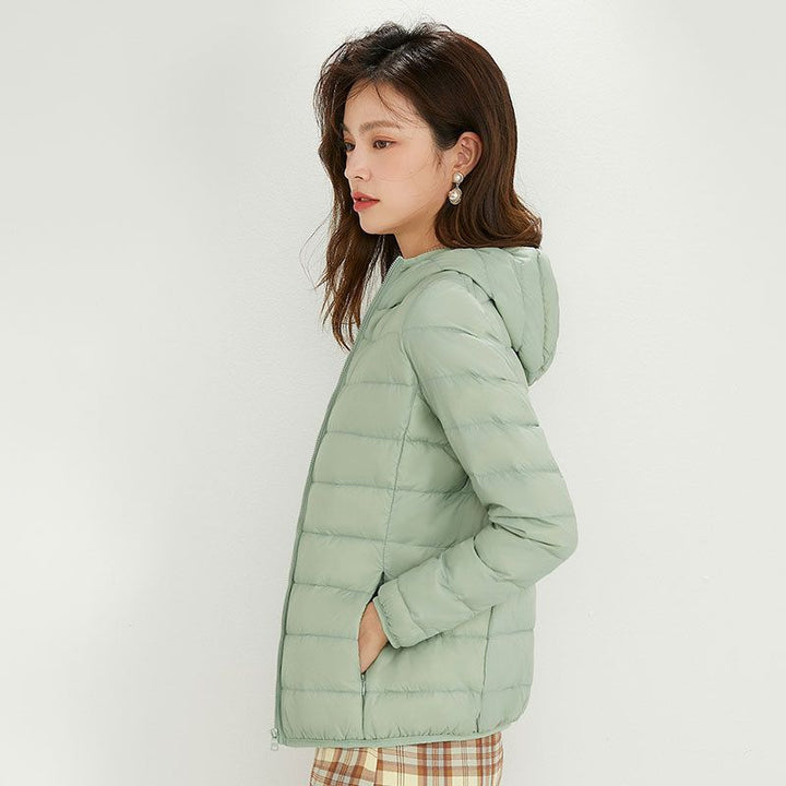Women's down jacket, lightweight, short, with hood
