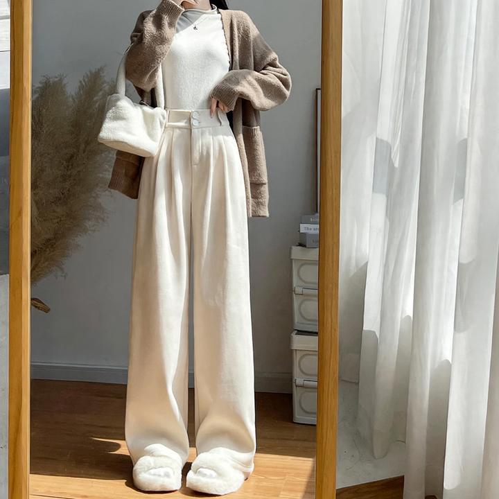 Cord wide pants with high waist for women