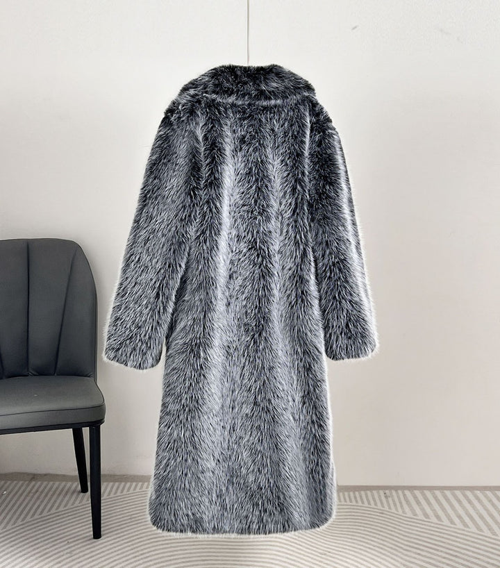 Long women's faux fur coat with lapel collar