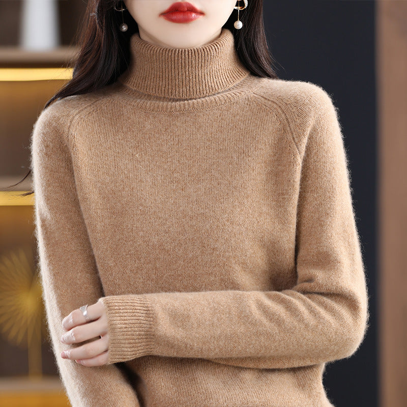 Women's knit pullover with stand-up collar, loose and long-sleeved