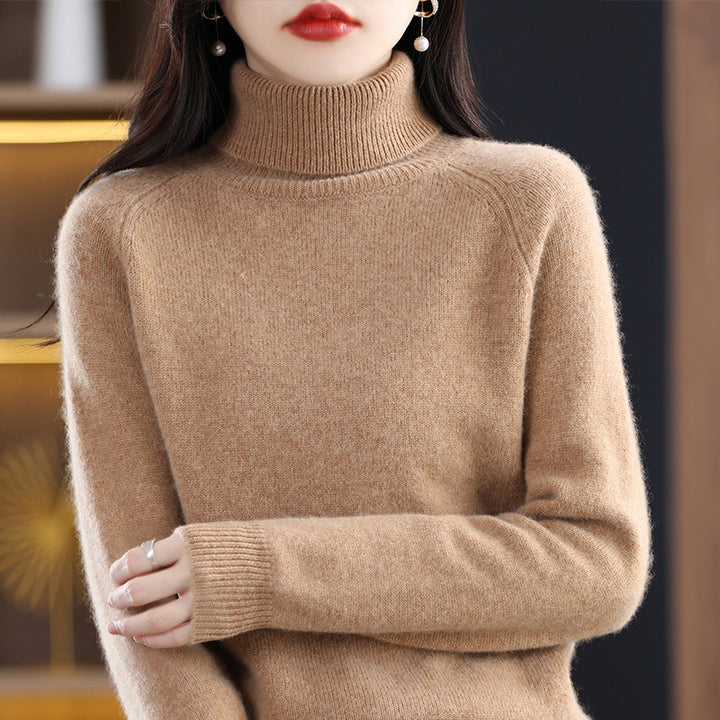 Women's knit pullover with stand-up collar, loose and long-sleeved