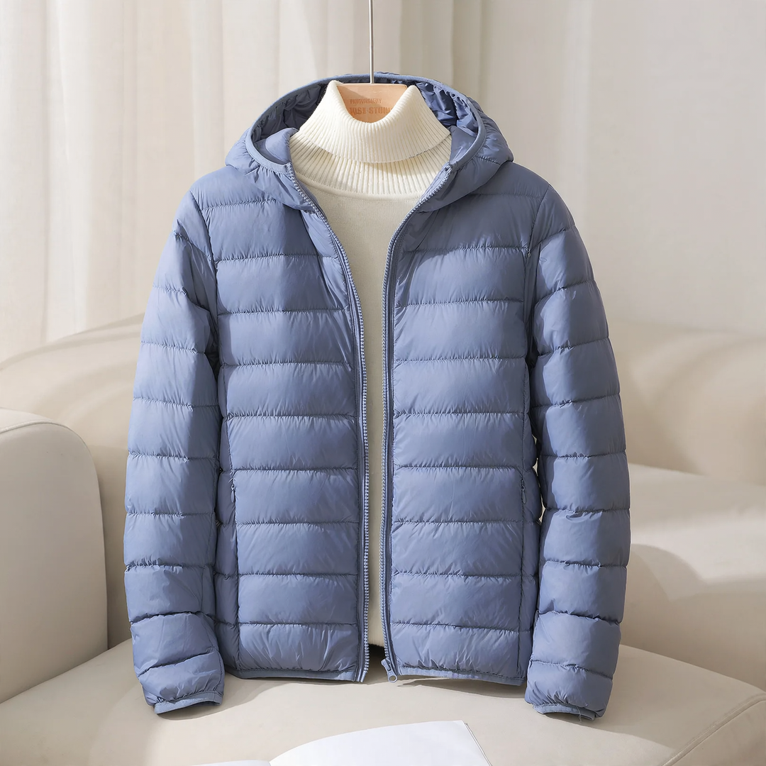Light women's down jacket, short, with hood