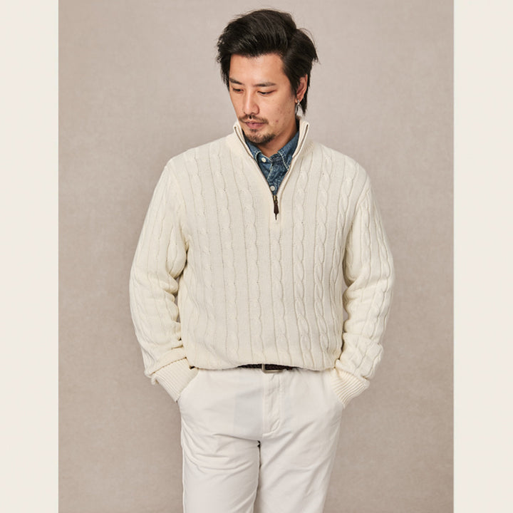 Men's Knit Sweater, Stand Collar with Zipper, Cable Pattern