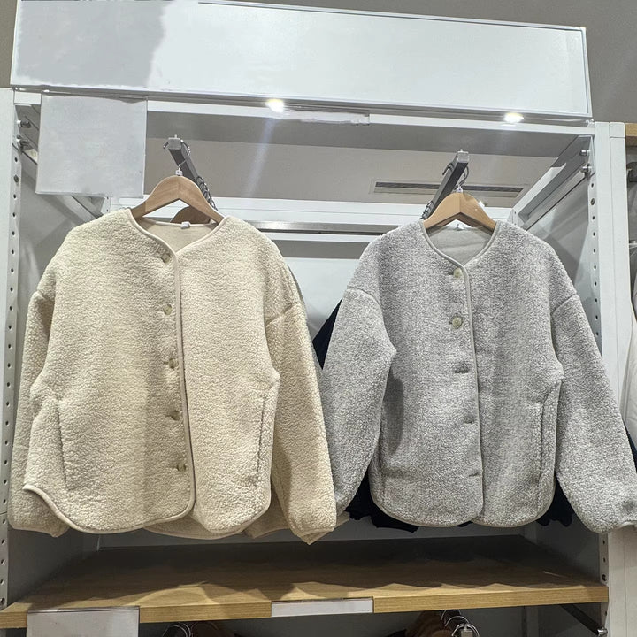 Casual fleece cardigan with lambskin look