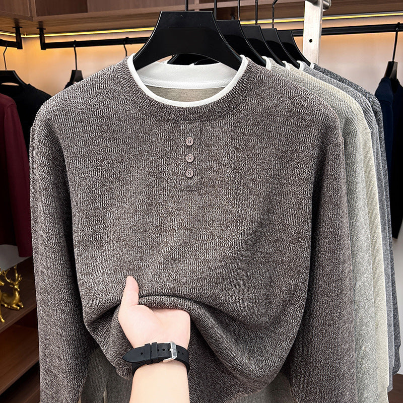 Men's knitted sweater, round neck, long sleeve, fake layer look