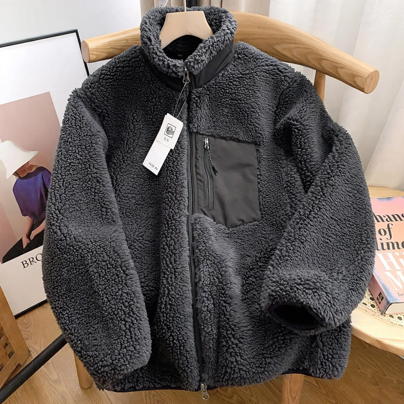 Lamb fleece jacket with stand-up collar and pockets