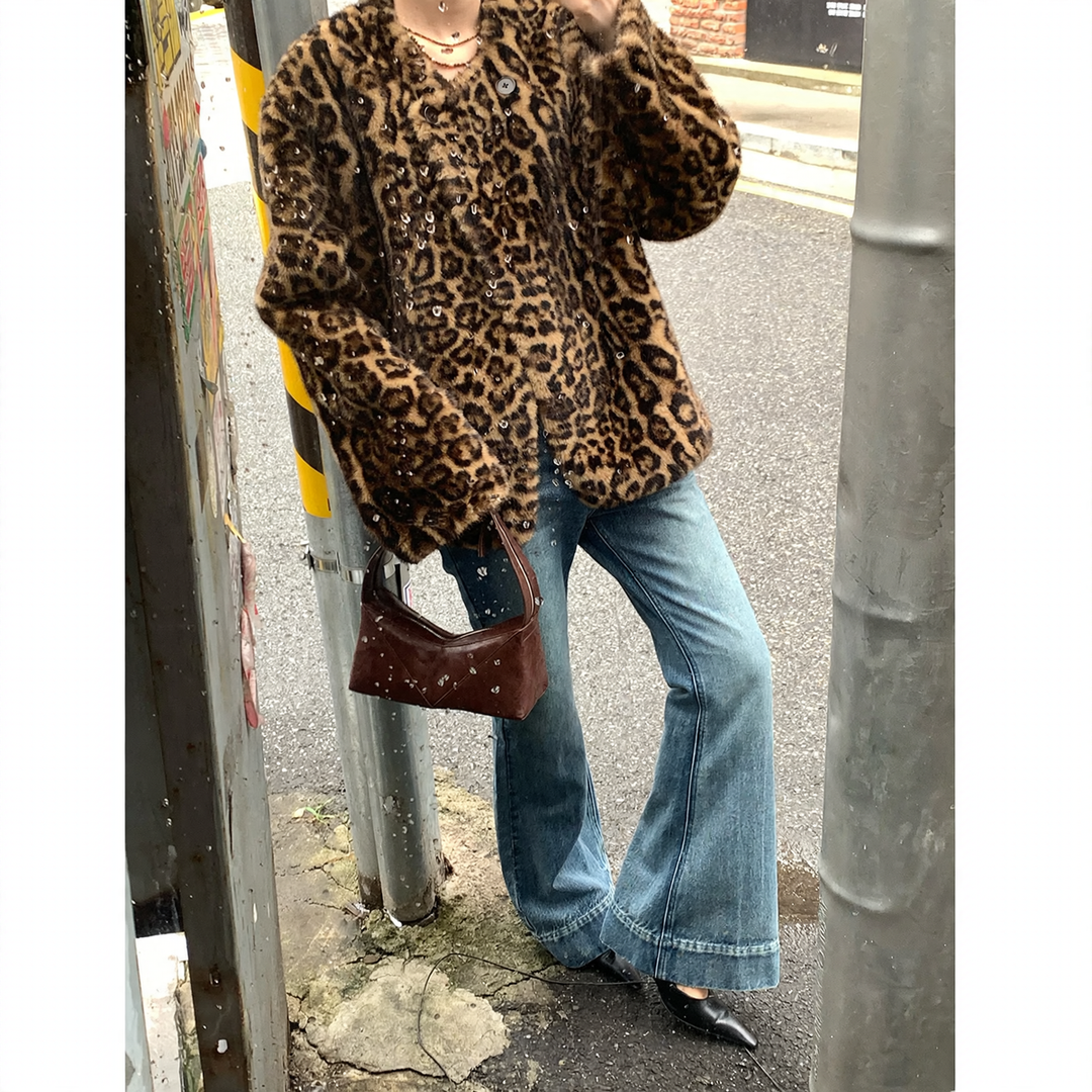 Women's winter coat, faux fur, leopard print, round neckline