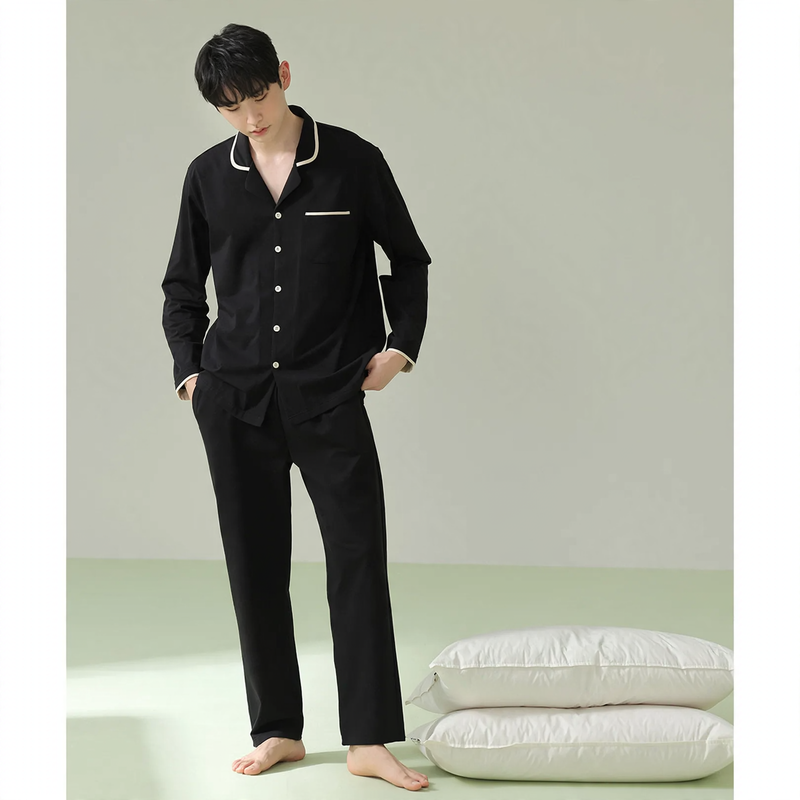 Men's pajama set made of cotton, long-sleeved, antibacterial