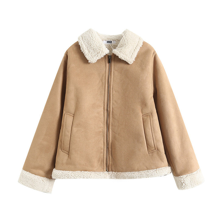Women's suede imitation jacket with lambskin look and lapels