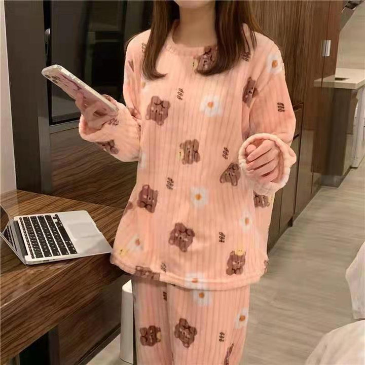 Fluffy coral fleece pajamas with bear motif