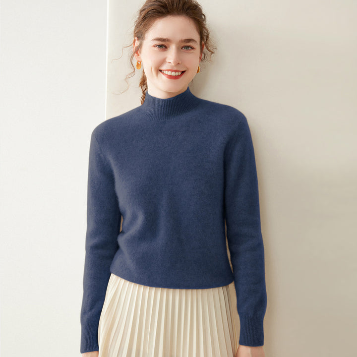 Women's cashmere sweater, semi-high collar, two-ply, loose