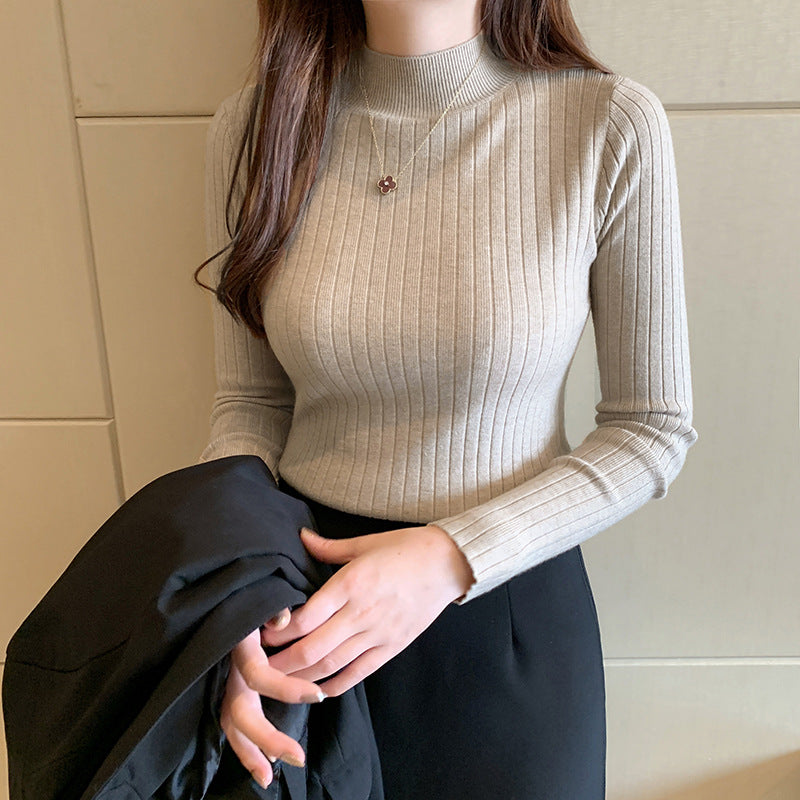 Women's knit sweater with stand-up collar, thin