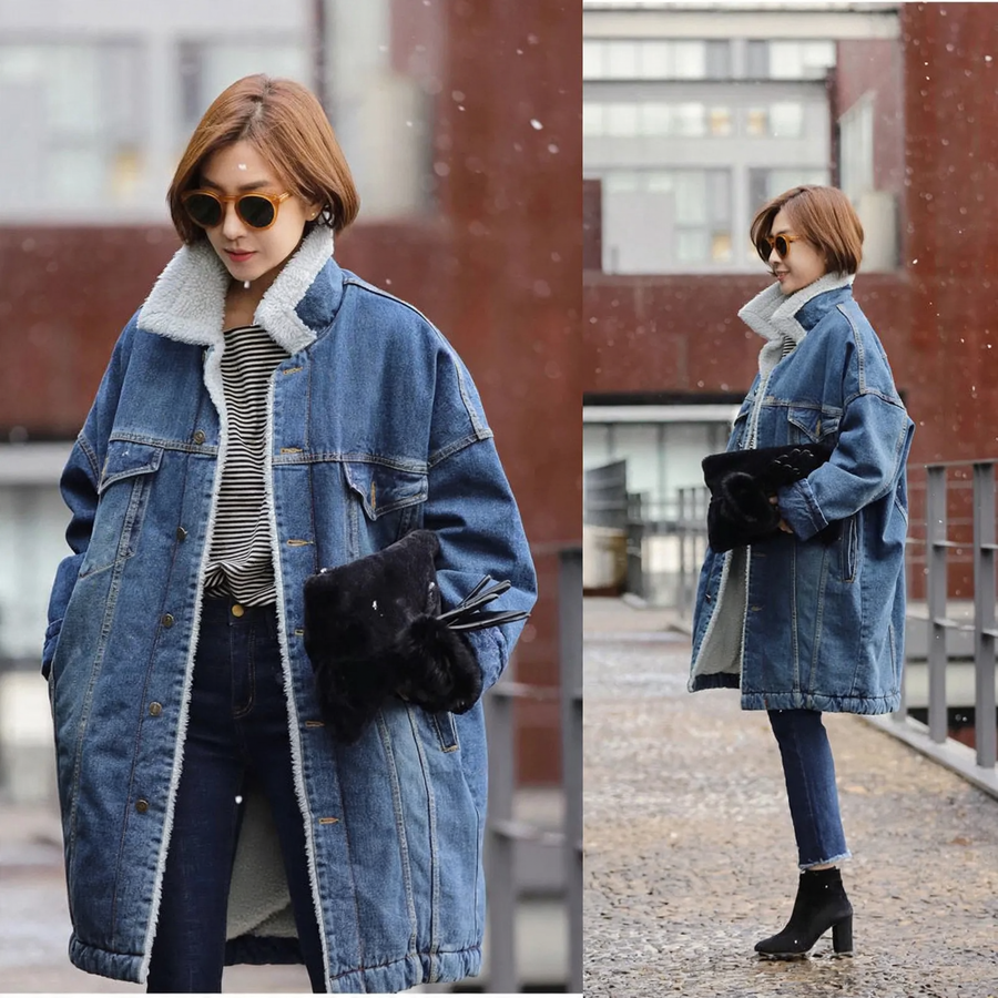 Padded denim jacket with lambskin look, mid-length