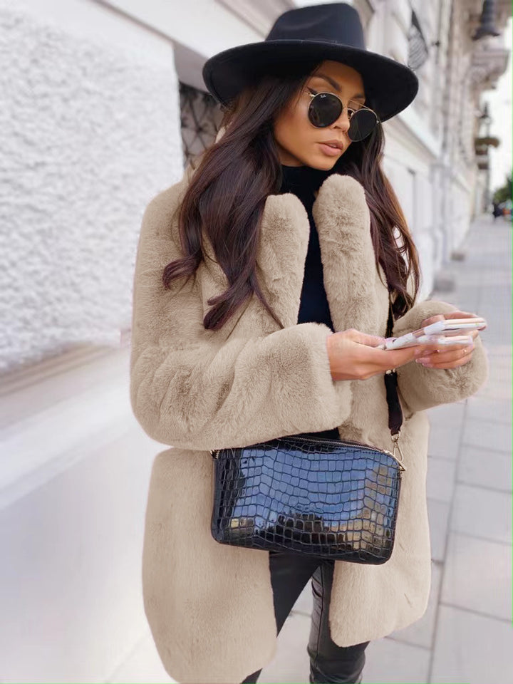 Long faux fur coat with lapel collar