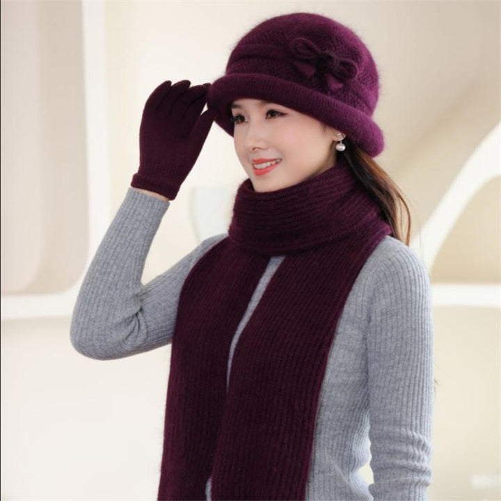 Knitted hat with scarf and gloves, women, winter