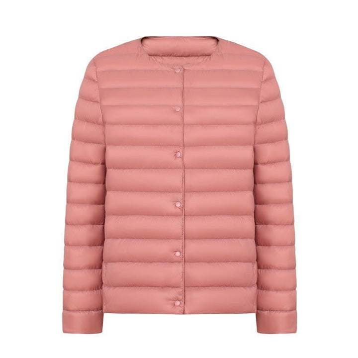 Light women's down jacket, collarless, short