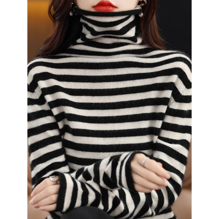 Ladies' knitted sweater, striped, stand-up collar