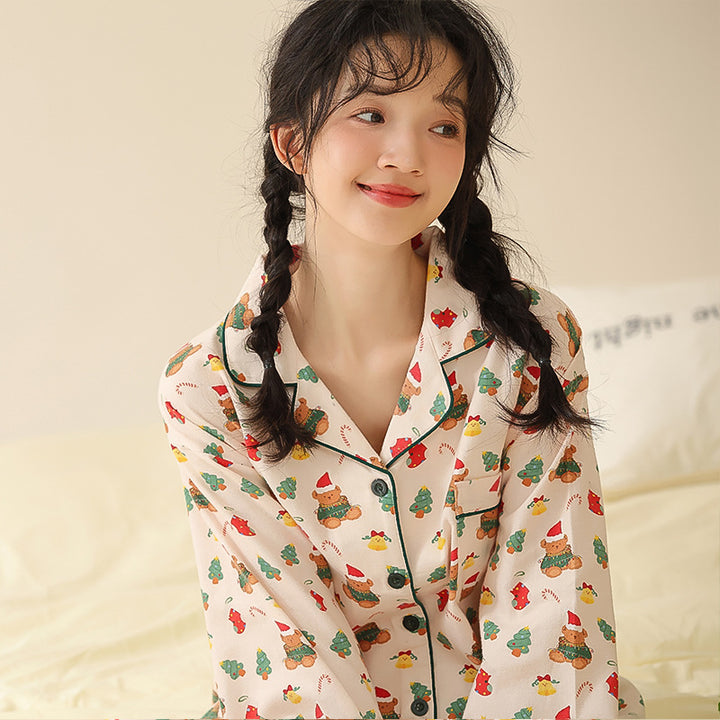 Women's cotton pajamas, long-sleeved, with lapel collar