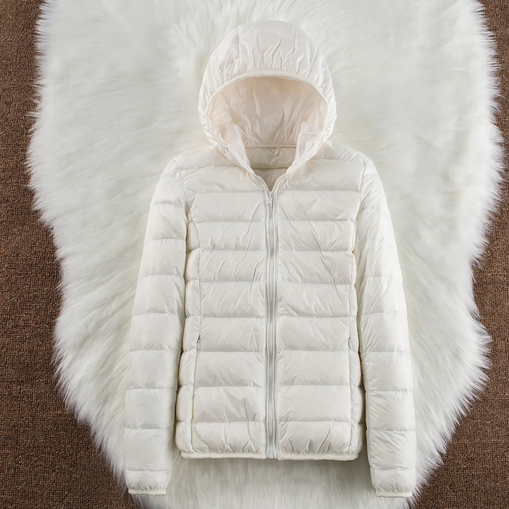 Light women's down jacket with hood and standing collar