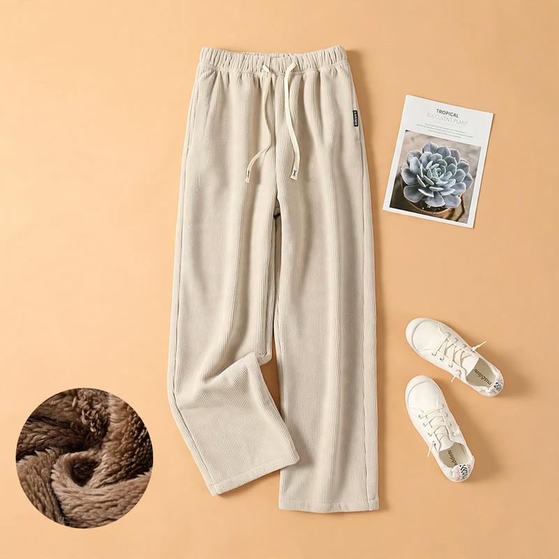 Fleece-lined corduroy pants with high waist