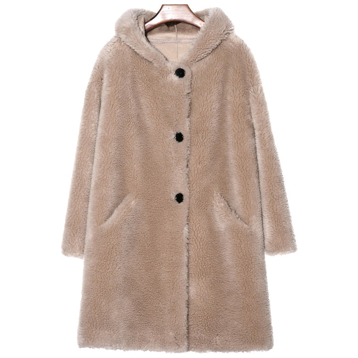 Women's Sheepskin Imitation Coat with Hood, Mid-Length