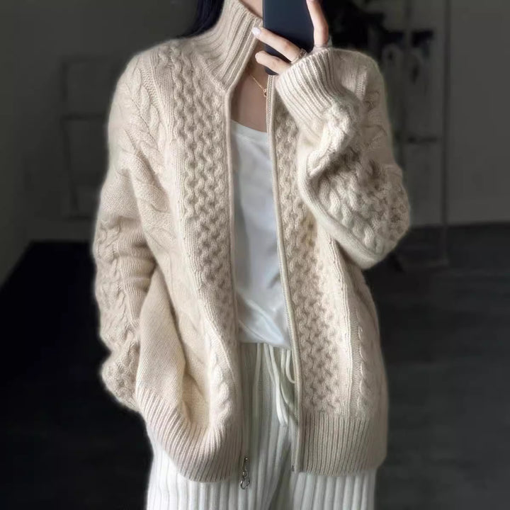 Women's wool cardigan, high collar, with zipper, cable pattern