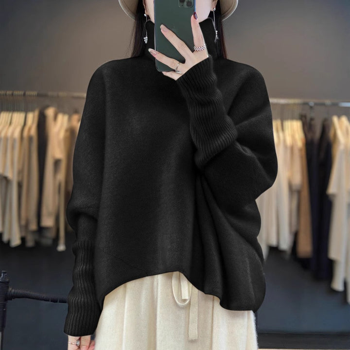 Women’s wool sweater, stand-up collar, loose fit