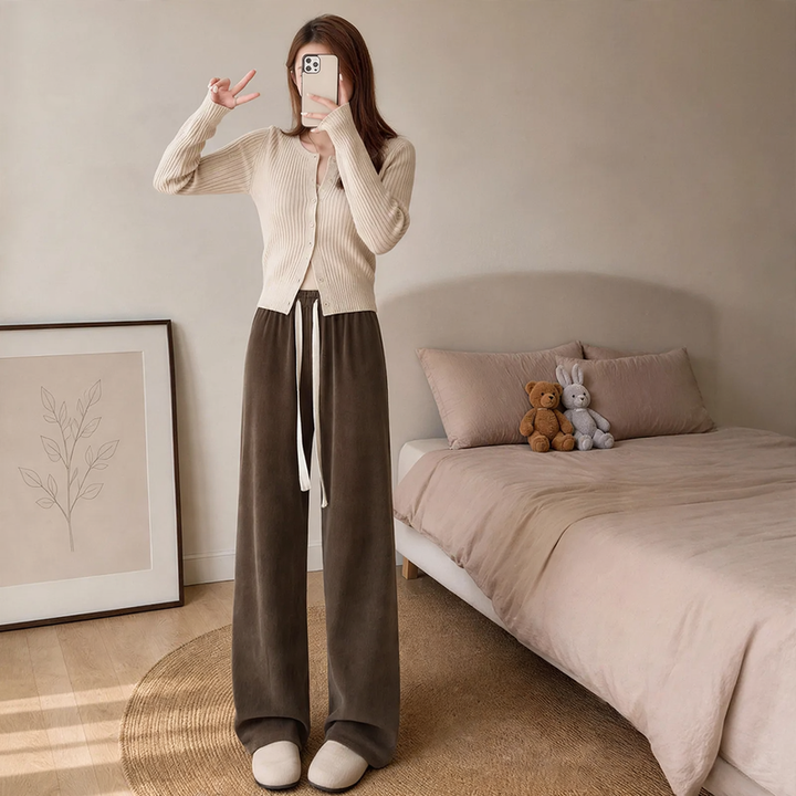 Padded chenille wide-leg trousers with high waist
