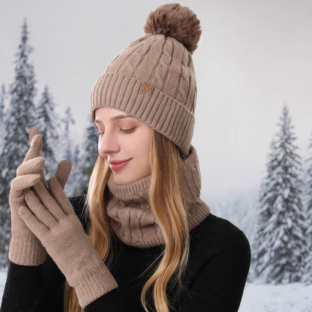Winter set consisting of knitted hat, scarf, and gloves