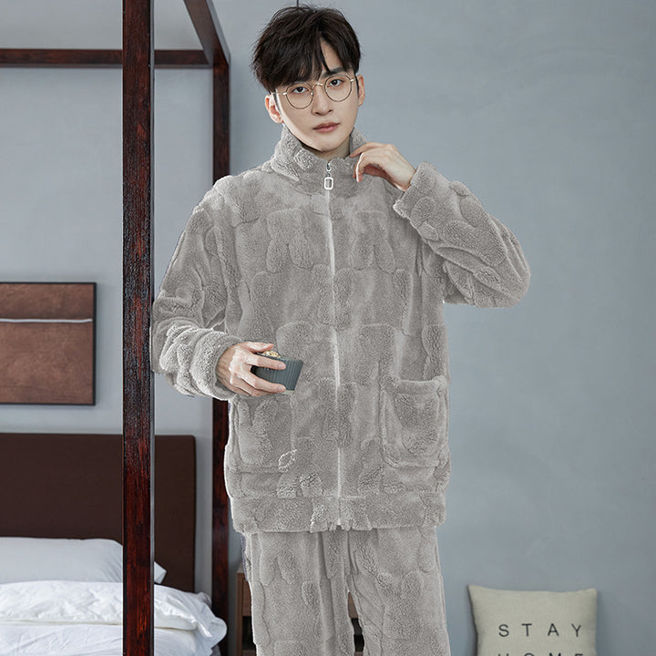 Pair-Pajama-Set made of coral fleece, lined, with zipper
