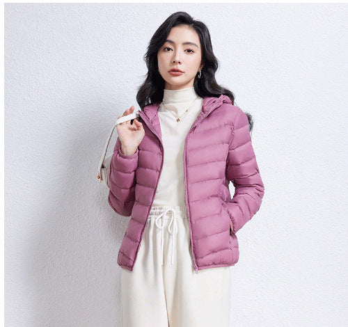 Women's down jacket, lightweight, short, with hood