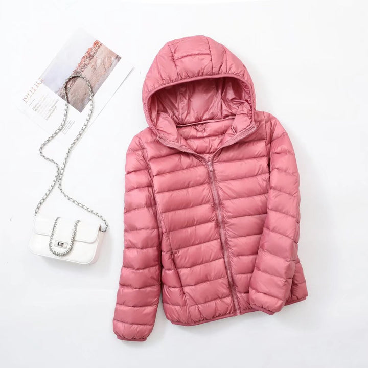Light women's down jacket with stand-up collar