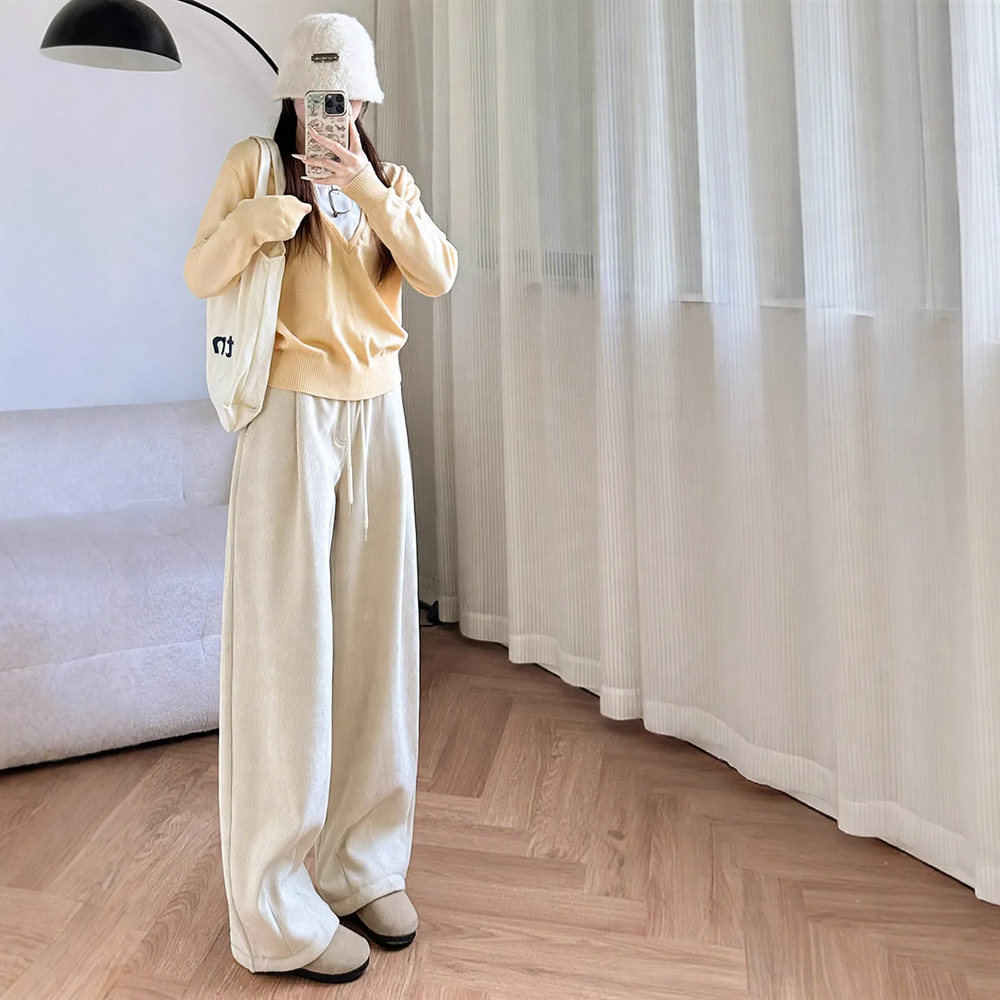 Cord Wide Trousers with High Waist, Lined