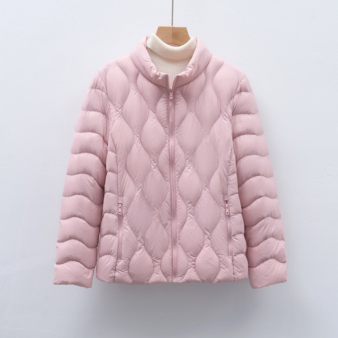Light women's down jacket with stand-up collar and wave pattern