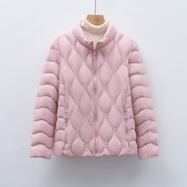Light women's down jacket with stand-up collar and wave pattern