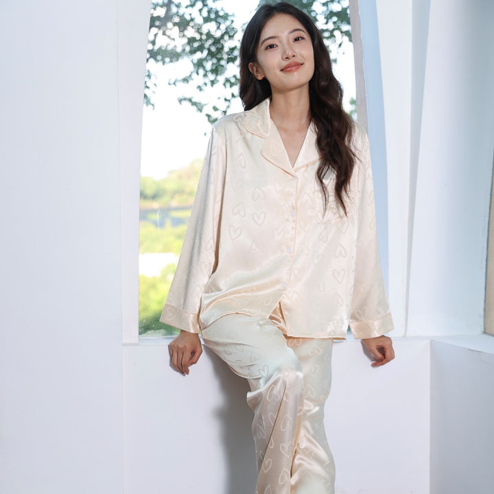Women's Pajama Set, Ice Silk, Long Sleeve, Heart Pattern
