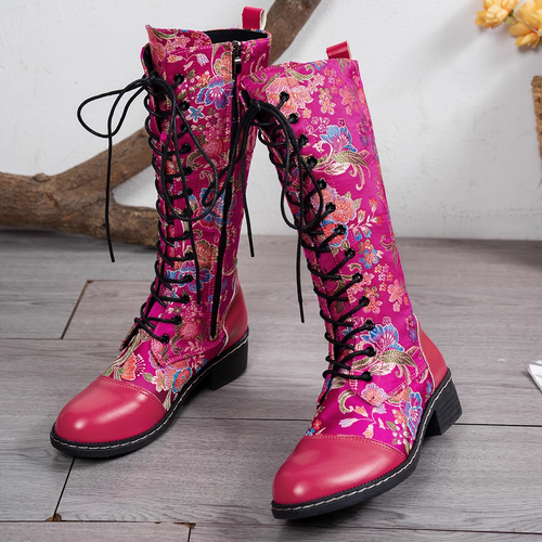 Amarae | Floral Embroidery Fuchsia Faux Leather Boots