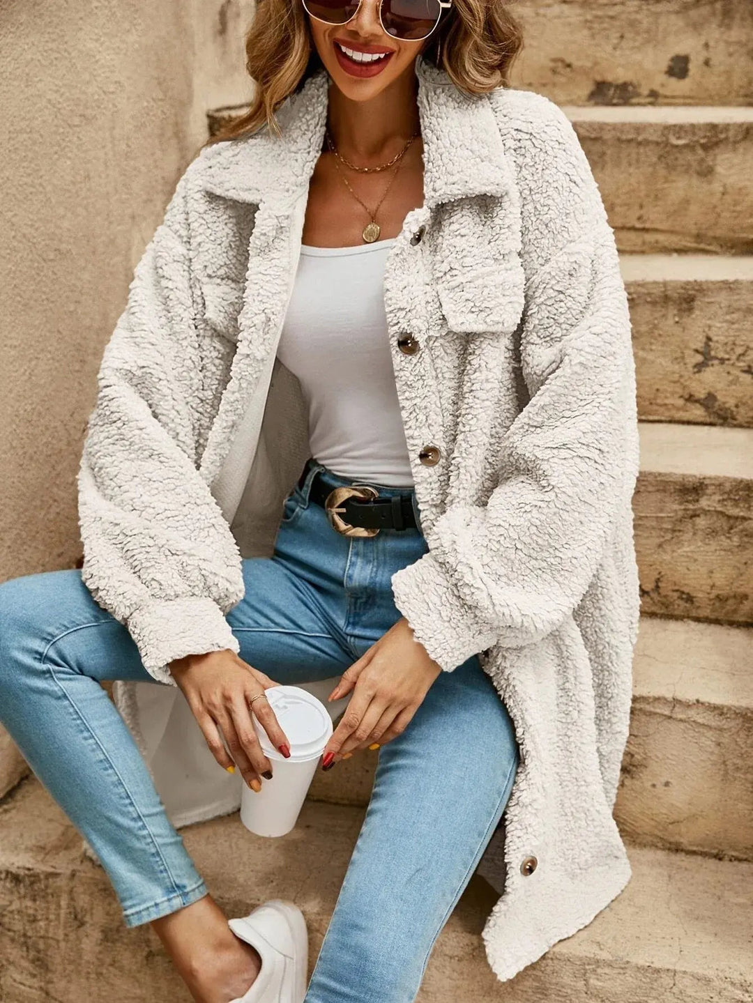 Chic und Stil | Comfortable teddy jacket with button placket & chest pockets