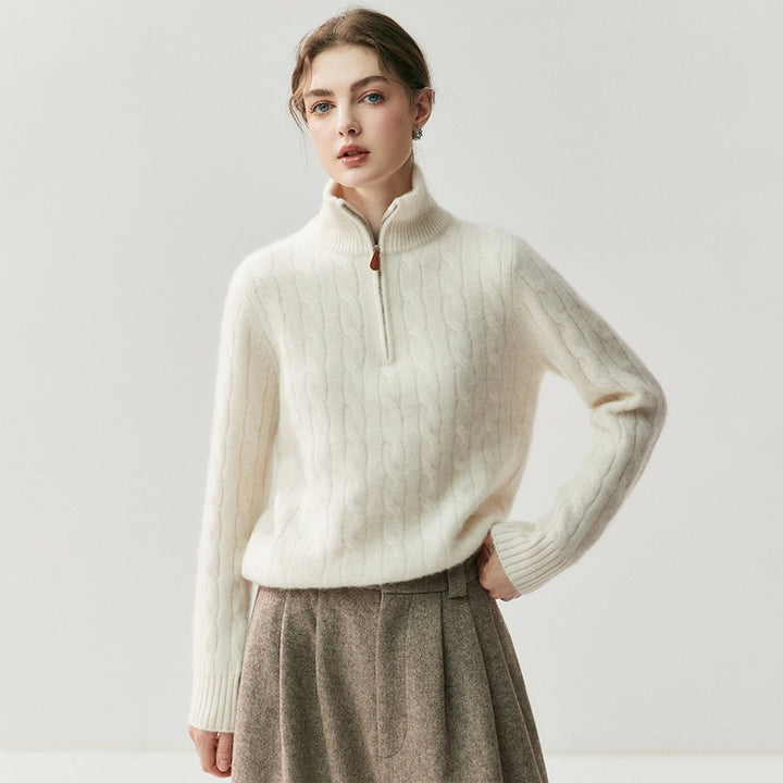 Women's knit sweater with zipper and cable pattern