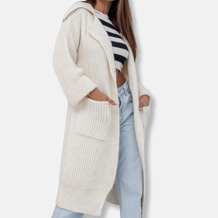 Amarae | Longer knitted coat - Plus size fit - Hood - Ribbed texture - Pockets