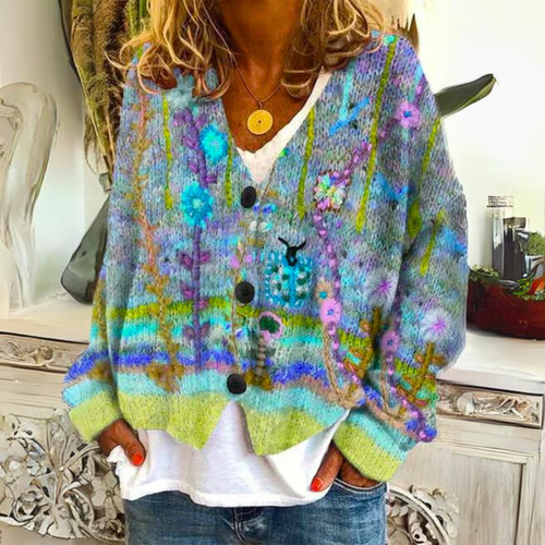 Amarae | Boho style knit jacket with floral accents - Comfortable and trendy cardigan for leisure and everyday use