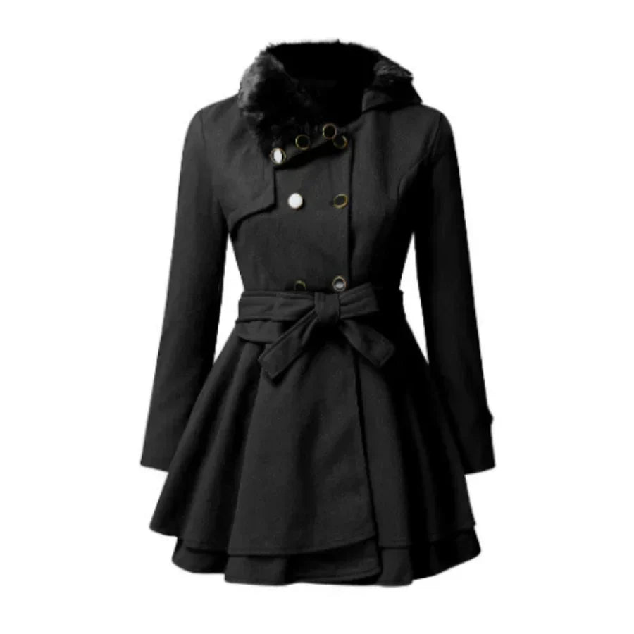 Lune London | Coat Wool Blend Flattering A-Line Faux Fur Collar Belt