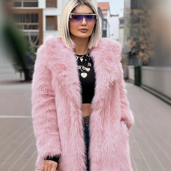 Long faux fur coat with large lapels