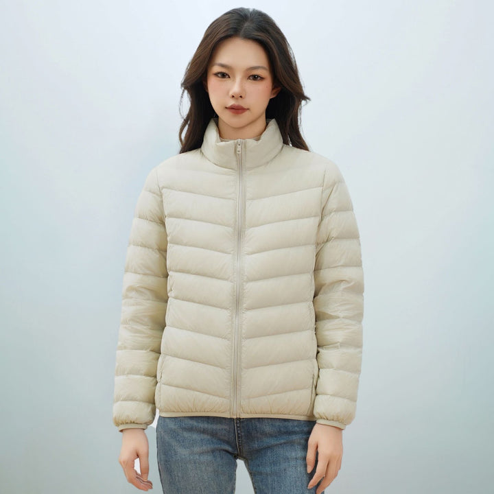 Light women's down jacket with stand-up collar