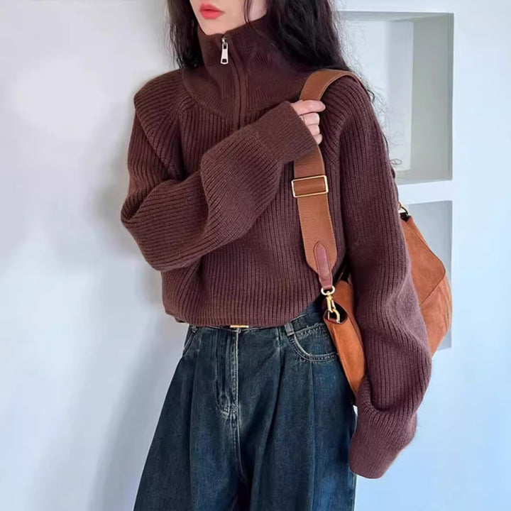 American retro knit sweater with half zipper