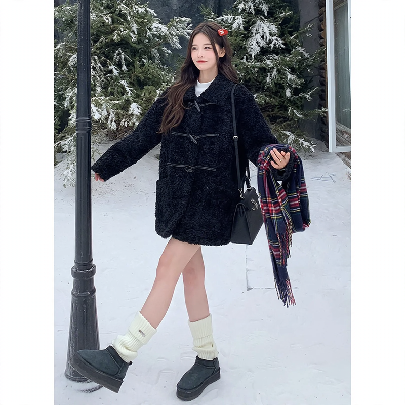 Black coat made of lambskin imitation with toggle buttons