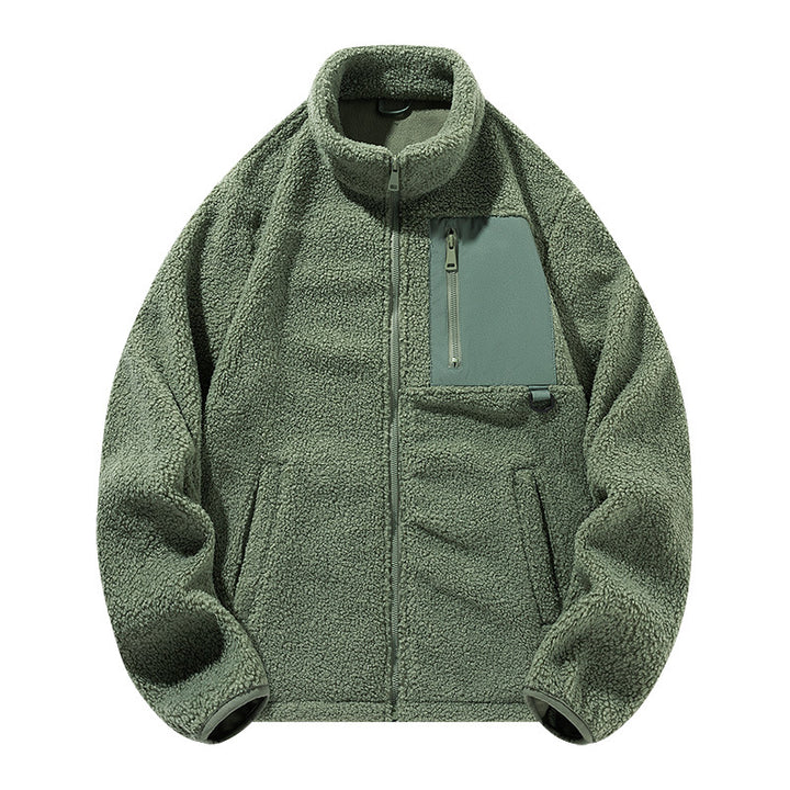 Unisex fleece jacket with stand-up collar and pockets